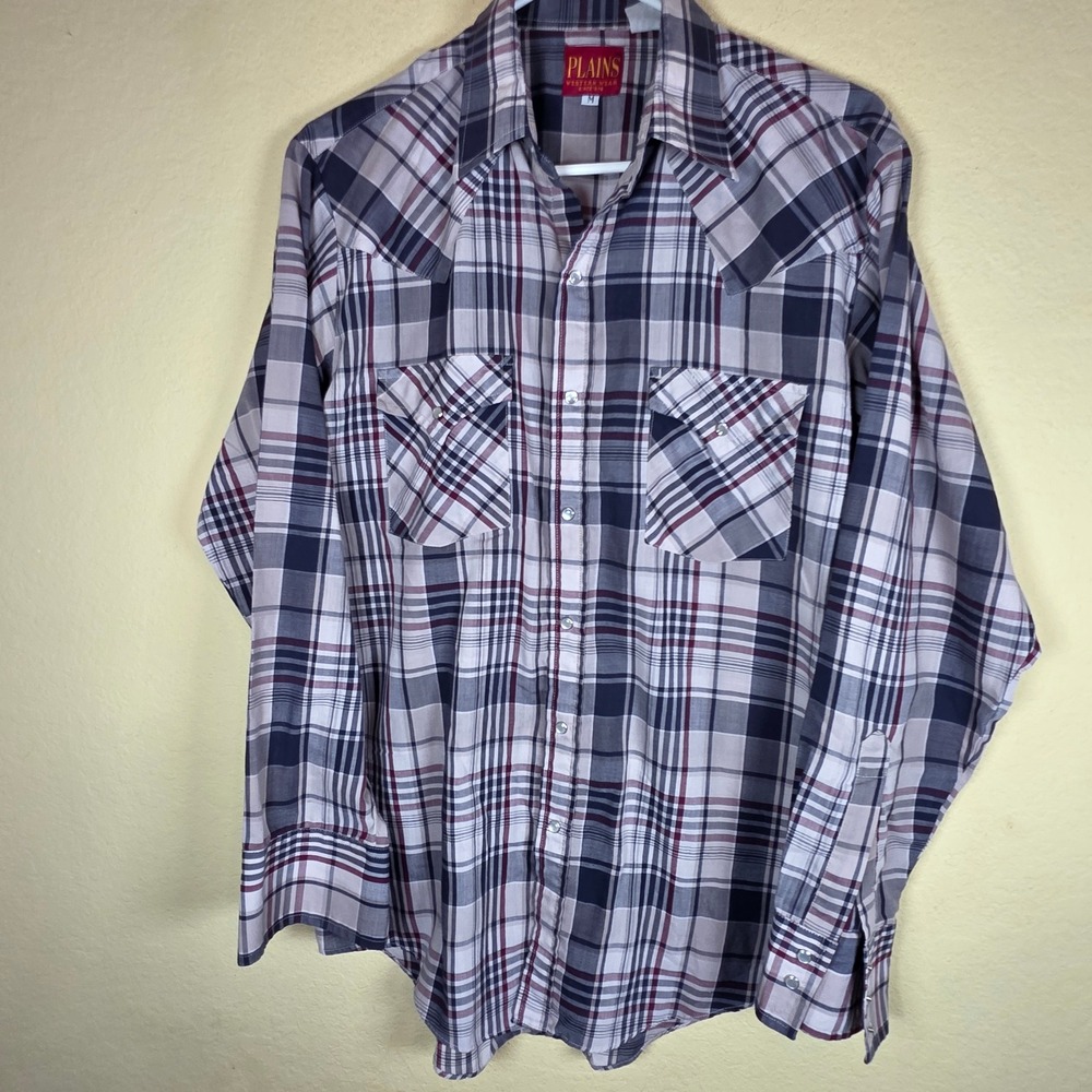 Plains Western Wear Mens Med Plaid pearl Snap Button Long Sleeve Shirt Navy Red